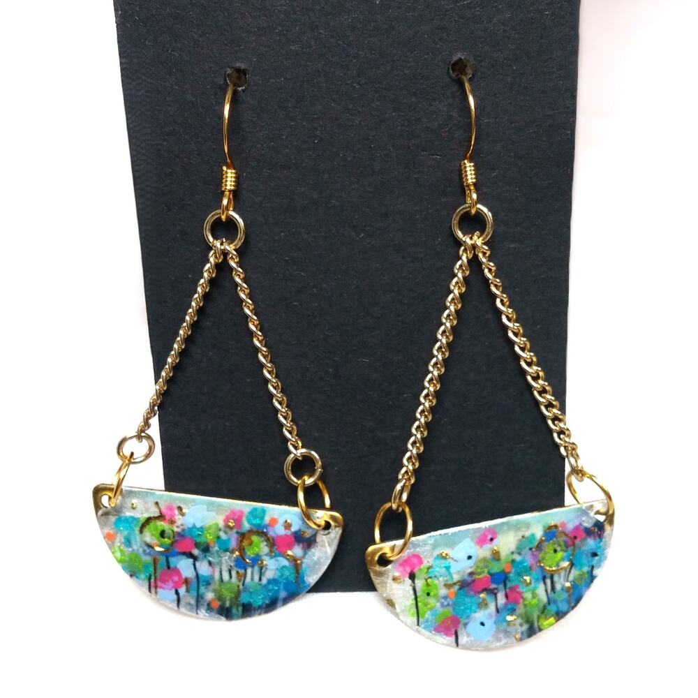 Meadow Flowers Crescent Earrings Artisan Hand Painted Gold Tone Statement Dangle
